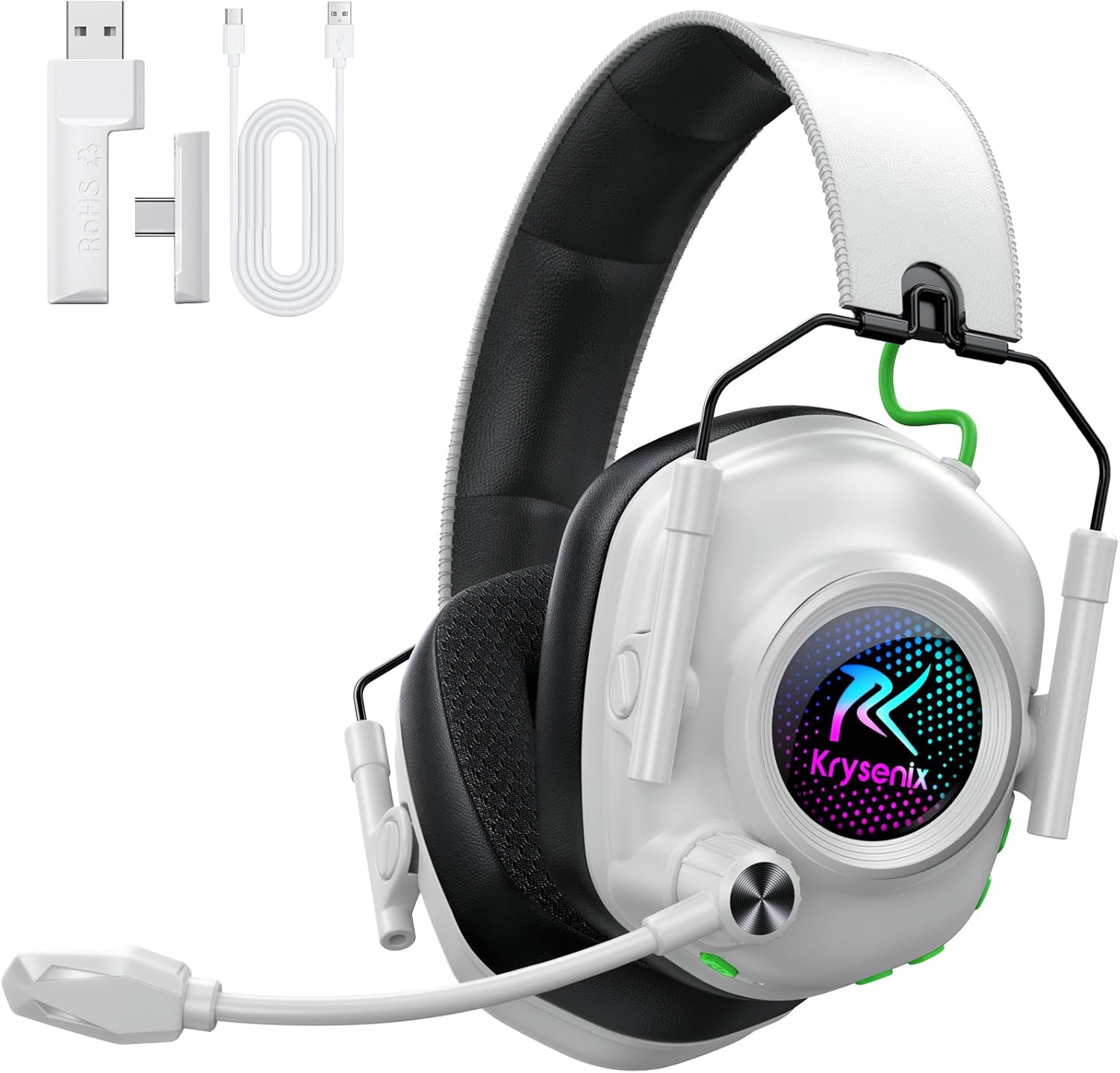 Krysenix 2.4 GHz Wireless Gaming Headset for PC, PS5, PS4, Switch, Mac, Bluetooth 5.4 Gaming Headphones with Noise Canceling Microphone, Cool RGB Lighting, 50Hr Battery, Foldable, 50mm Drivers-White