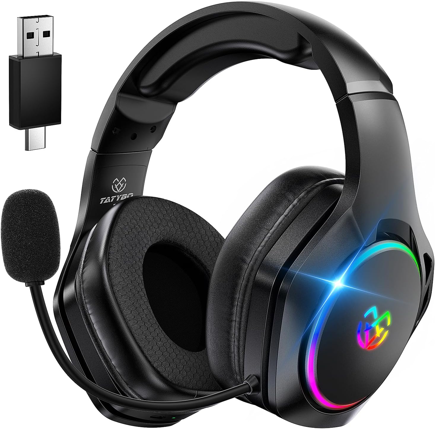 Tatybo Gaming Headset for Ps5 Ps4 PC, 2.4GHz USB & Type-C Gaming Headphones, 40Hrs & 7.1 Surround Sound Ps5 Headset with Noise Canceling Mic, Wireless Headset for Switch Phone