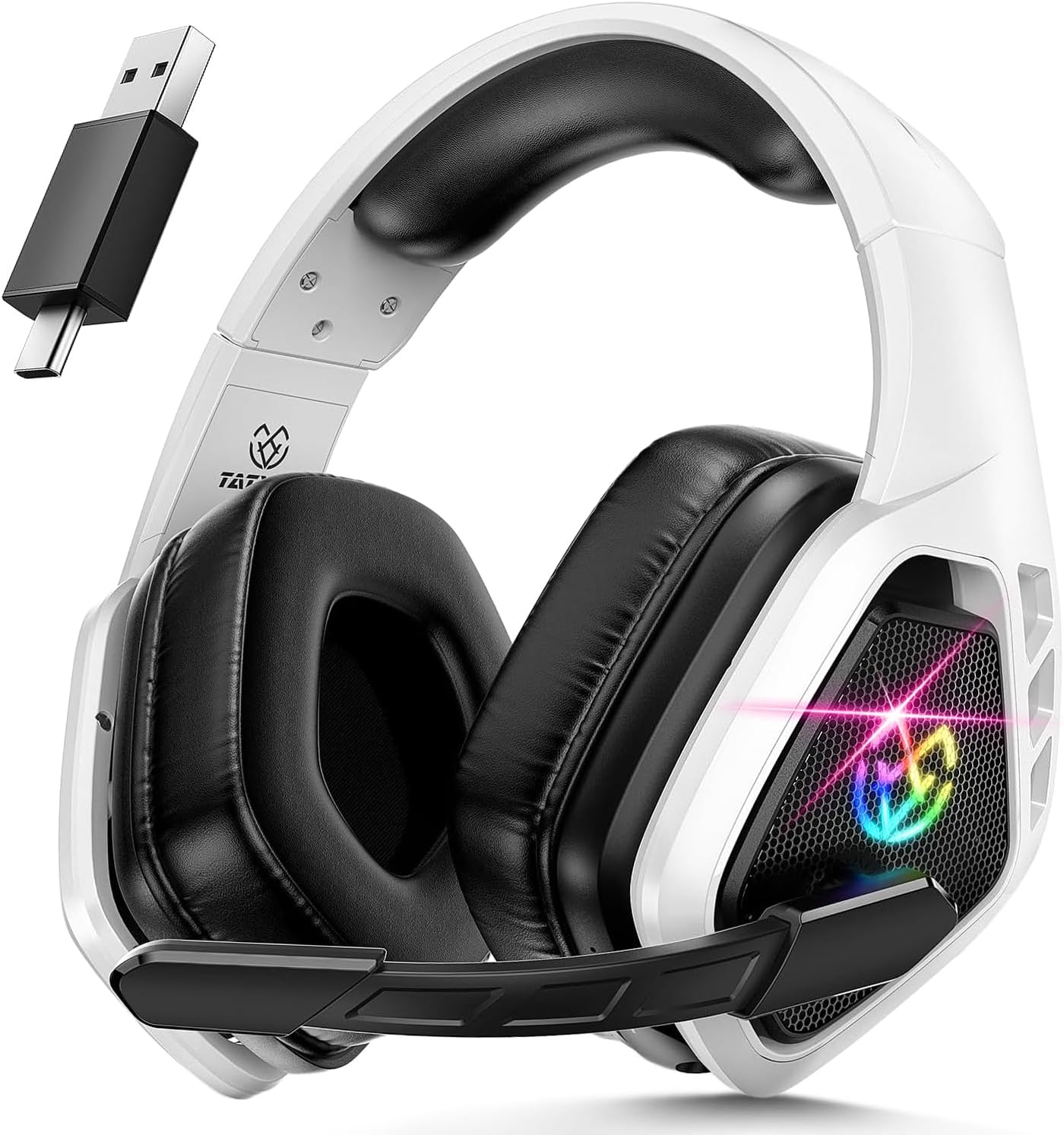 Tatybo Wireless Gaming Headset for PC, Ps5, Ps4, 2.4 Ghz USB & Type-C Gaming Headphones with Microphone, 30H Battery Bluetooth Headphones for Switch, Laptop, Mobile, Mac,White Black