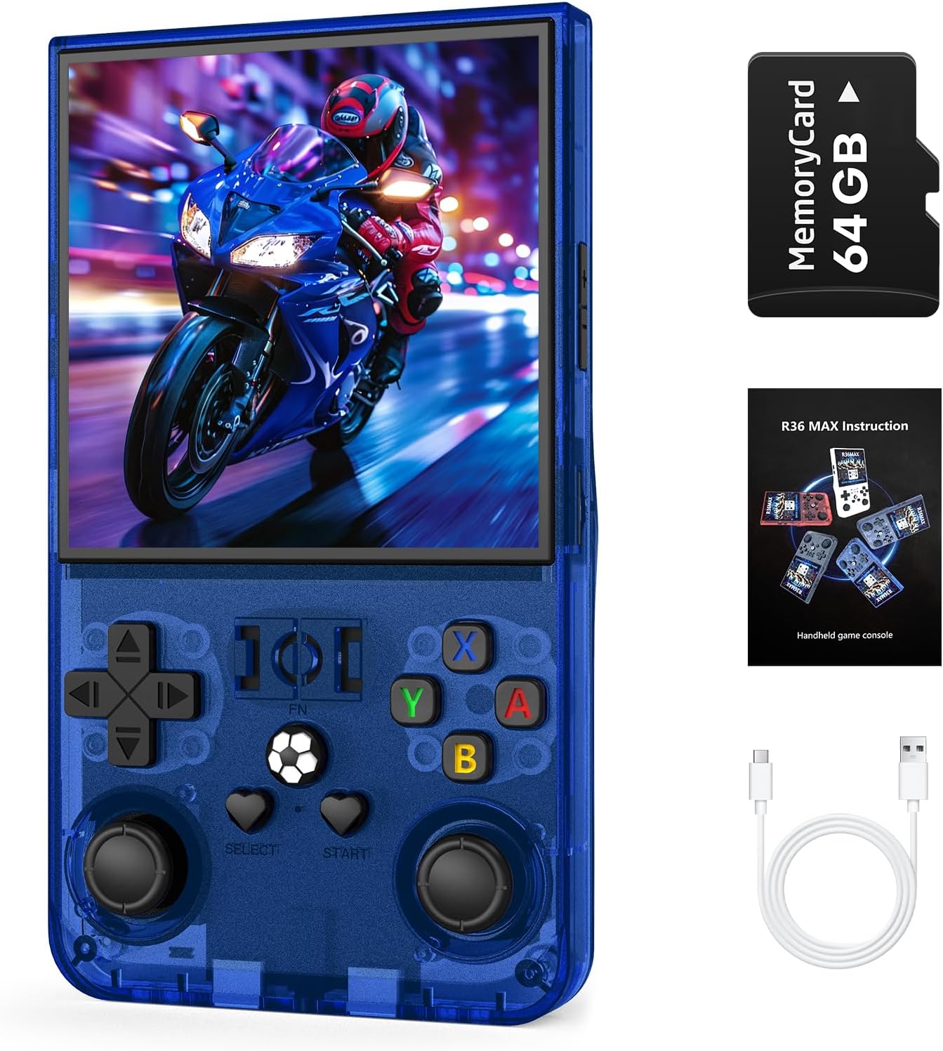 R36MAX Handheld Game Console, Retro Gaming Console with 4000mAh Battery 4.0”IPS Screen, Open Source Linux System, with 64GB TF Card Portable Video Gaming Console, Transparent Blue