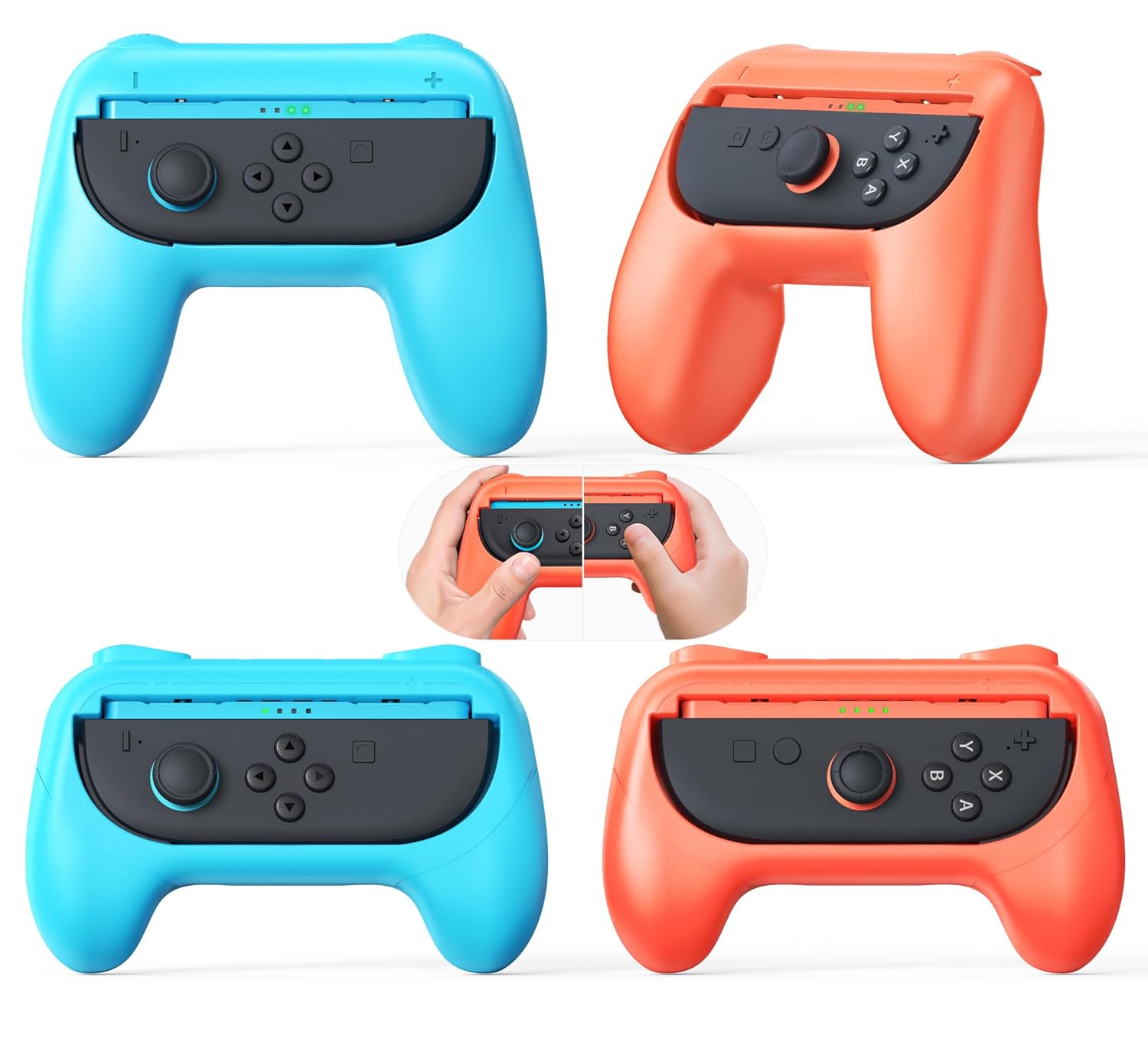 FYOUNG [Both for Switch 2 and 1] Grips for Nintendo Switch 2/1/OLED Controller, Handle Holder for Joycon 2&for Joy con, Dual Size Comfort Ergonomic Grip(4 Pack) (Orange&Orange&Blue&Blue)