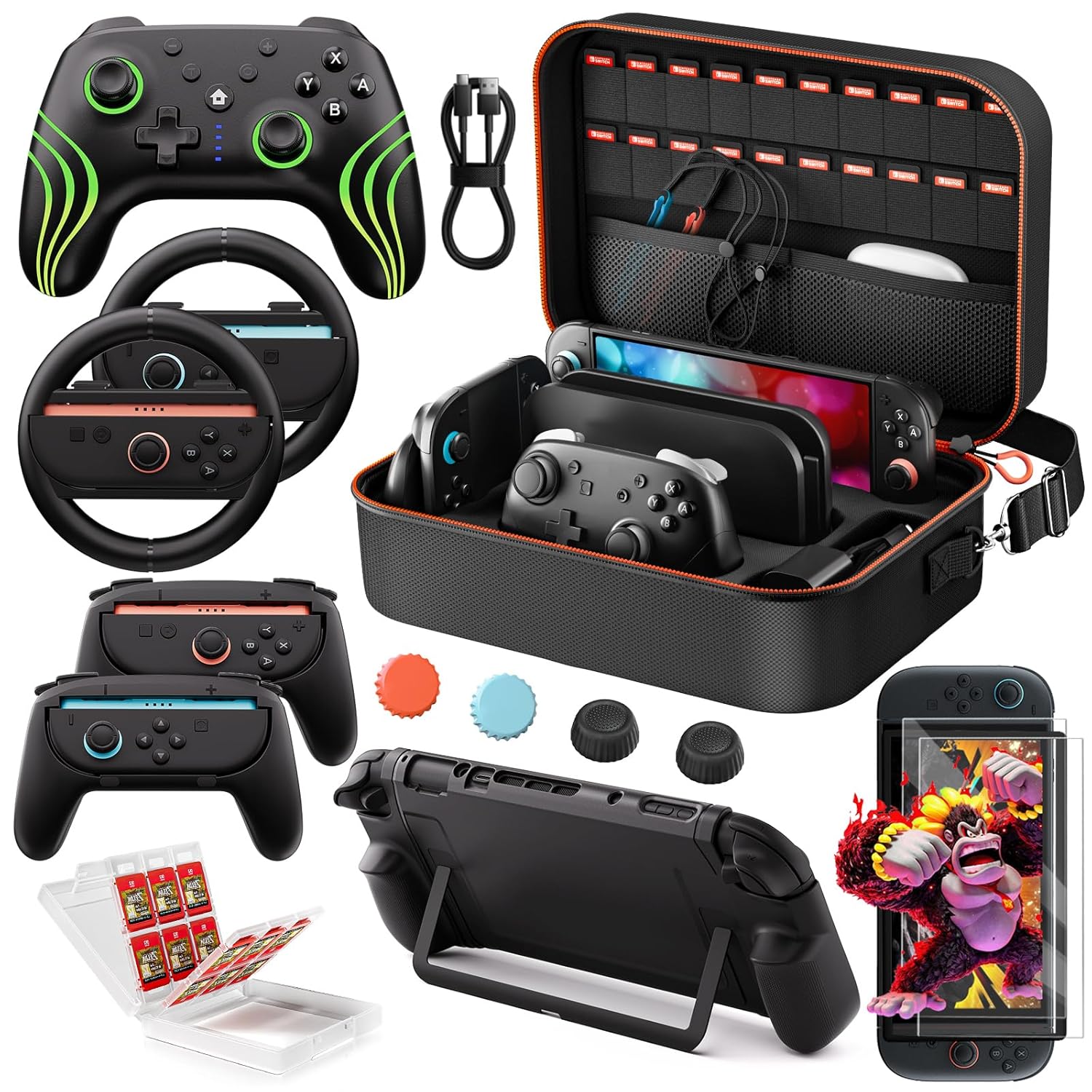 COOWPS Switch 2 Pro Controller Accessories Bundle 15-in-1, All In One Carrying Case, Joycon Grip, Screen Protectors, Protective Case, Steering Wheels, Game Card Case Thumb Grips for Nintendo Switch 2
