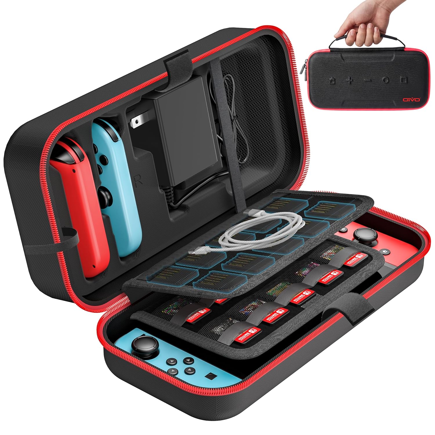 Switch Carrying Case Compatible with Nintendo & OLED, Portable Switch Travel Carry Case Fit for Joy-Con and Adapter, Hard Shell Protective OLED Pouch Bag with 20 Games, Red Interactive Gaming Figures