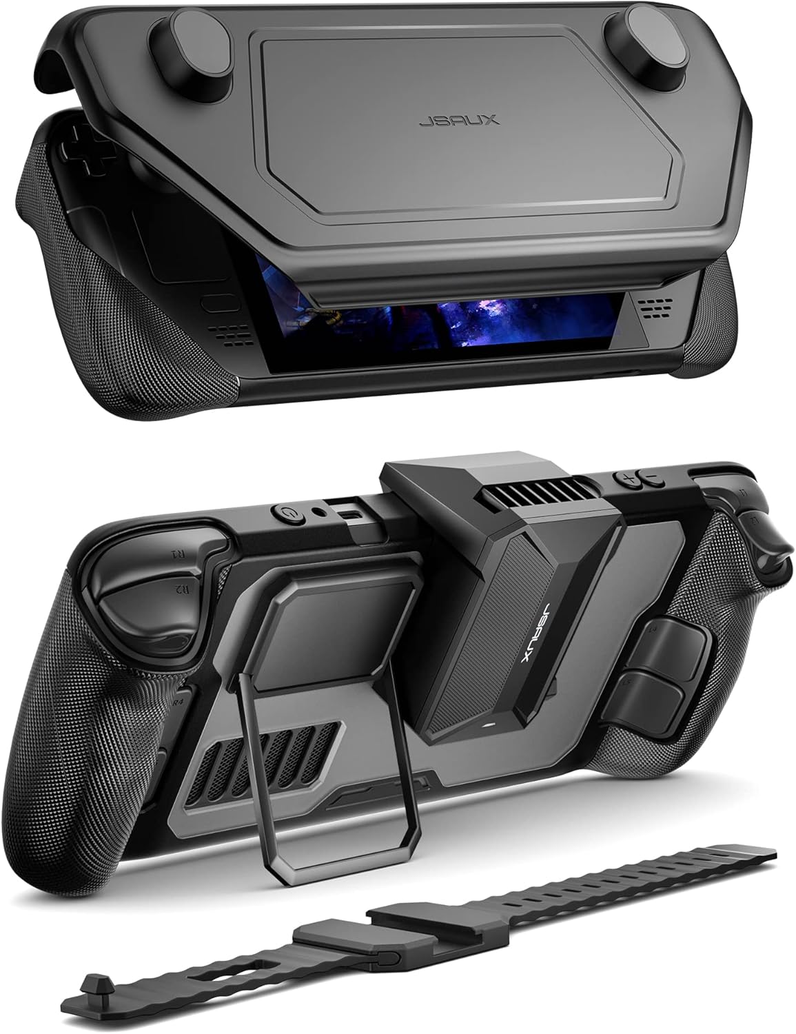 JSAUX ModCase for Steam Deck/Steam Deck OLED, PC0104 Modular Valve Steam Deck Case Include Protective Case, Face Cover, Cooling Fan, Metal Bracket and Strap - Cooler Set