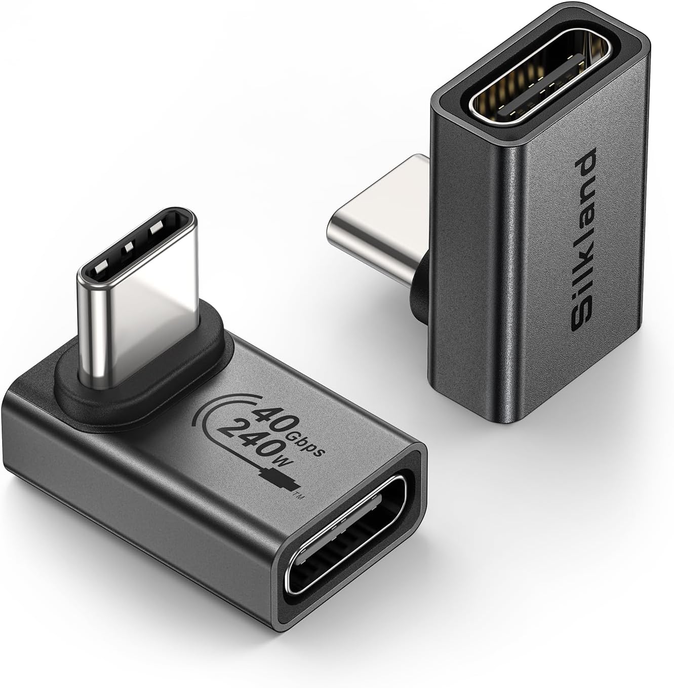 Silkland USB C 90 Degree Right Angle Adapter 2 Pack, [8K 60Hz, 240W 40Gbps] Male to Female Adapter Extender Compatible Thunderbolt 4 for Steam Deck, ROG Ally, MacBook, Switch 2, iPhone 17/16, Quest 3