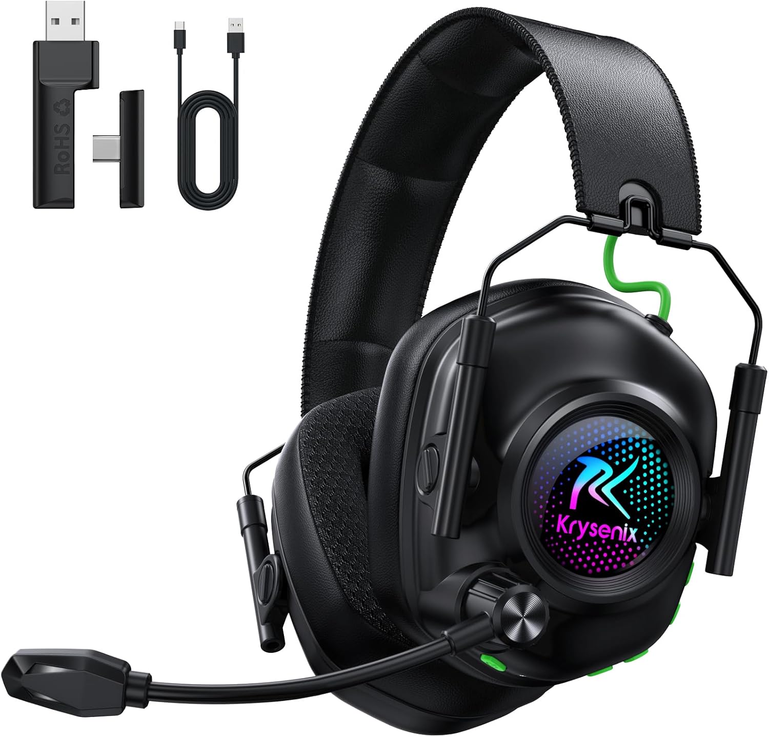 Krysenix 2.4 GHz Wireless Gaming Headset for PC, PS5, PS4, Switch, Mac, Bluetooth 5.4 Gaming Headphones with Noise Canceling Microphone, Cool RGB Lighting, 50Hr Battery, Foldable, 50mm Drivers-Black
