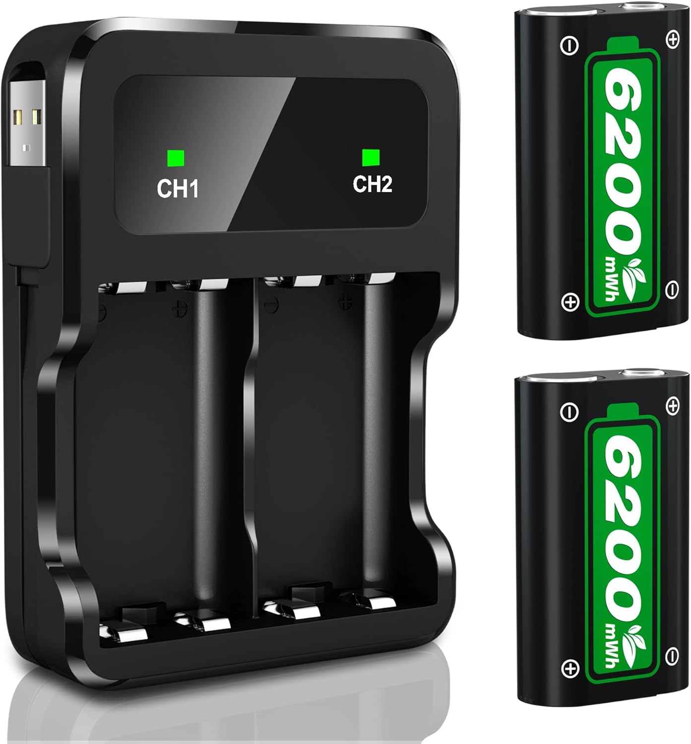 Ponkor Rechargeable Battery Packs for Series X|S/Xbox One, 2 x 6200 mWh Batteries with Charger for Xbox One S/X/Elite Controller Battery Pack Xbox Series X S Skin