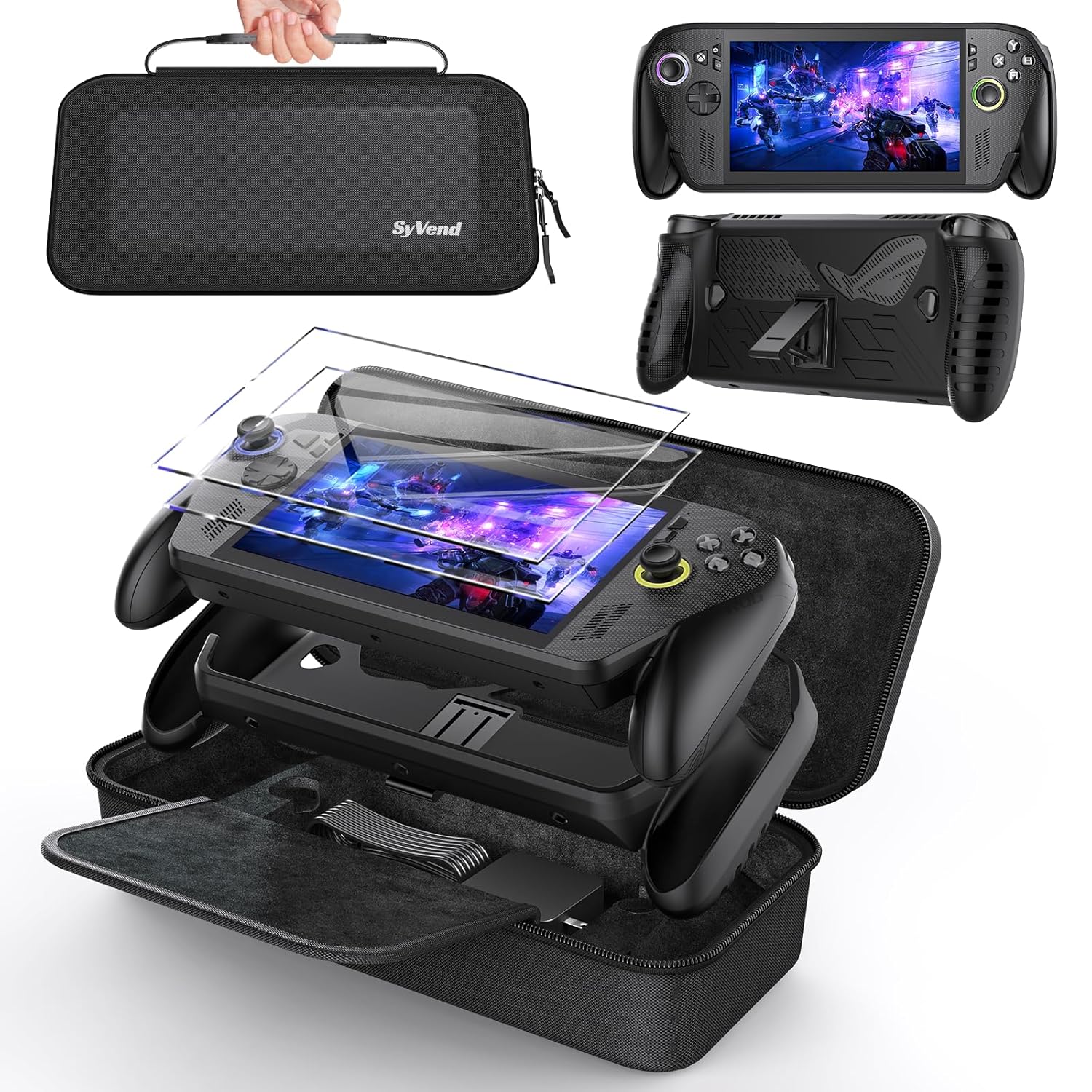 SyVend Carrying Case 3 in 1 Accessories Compatible with ASUS ROG Xbox Ally & ROG Xbox Ally X 7" 2025 - included EVA Hard Shell, TPU Protective Cover with Stand and Screen Protectors, Black