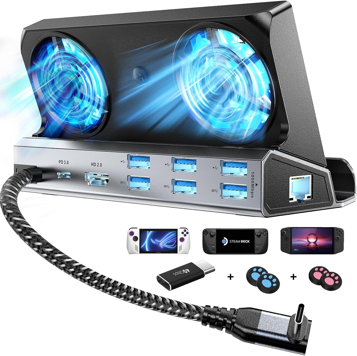 YCE 12-in-1 Dual Fan Steam Deck Dock for Valve Steam Deck & OLED/Switch & 2/Asus ROG Ally & X/Lenovo Legion Go & S & 2/MSI Claw,Nintendo Switch 2 Dock,Steam Deck Accessories,Switch 2 Docking Station