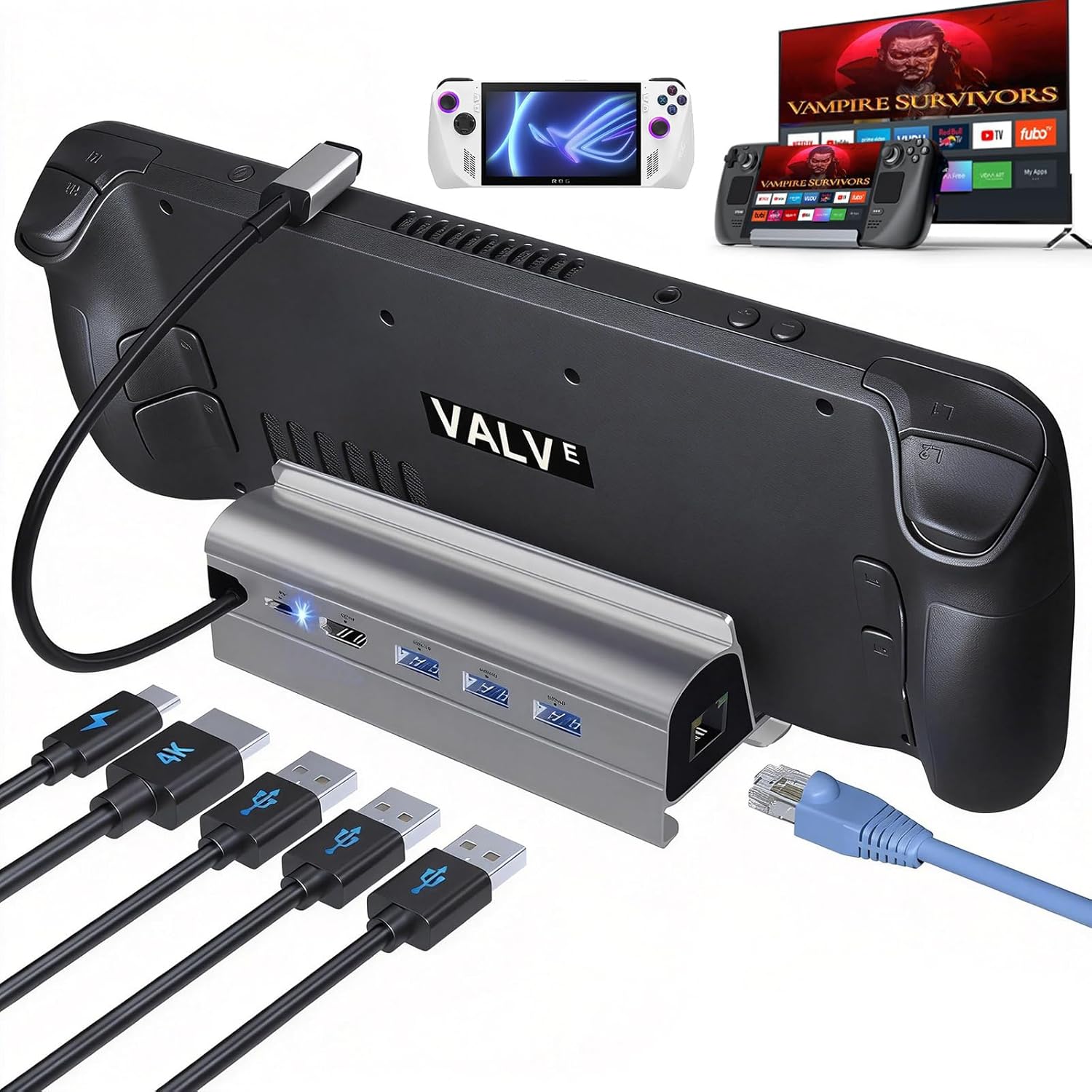 Docking Station for Steam Deck ROG Ally, 6 in 1 Stream Deck Dock with HDMI 2.0 4K@60Hz, 1000Mbps Gigabit Ethernet, 3 USB-A 3.0 and 100W Full Speed Charging USB-C Port Compatible with Valve Steam Deck